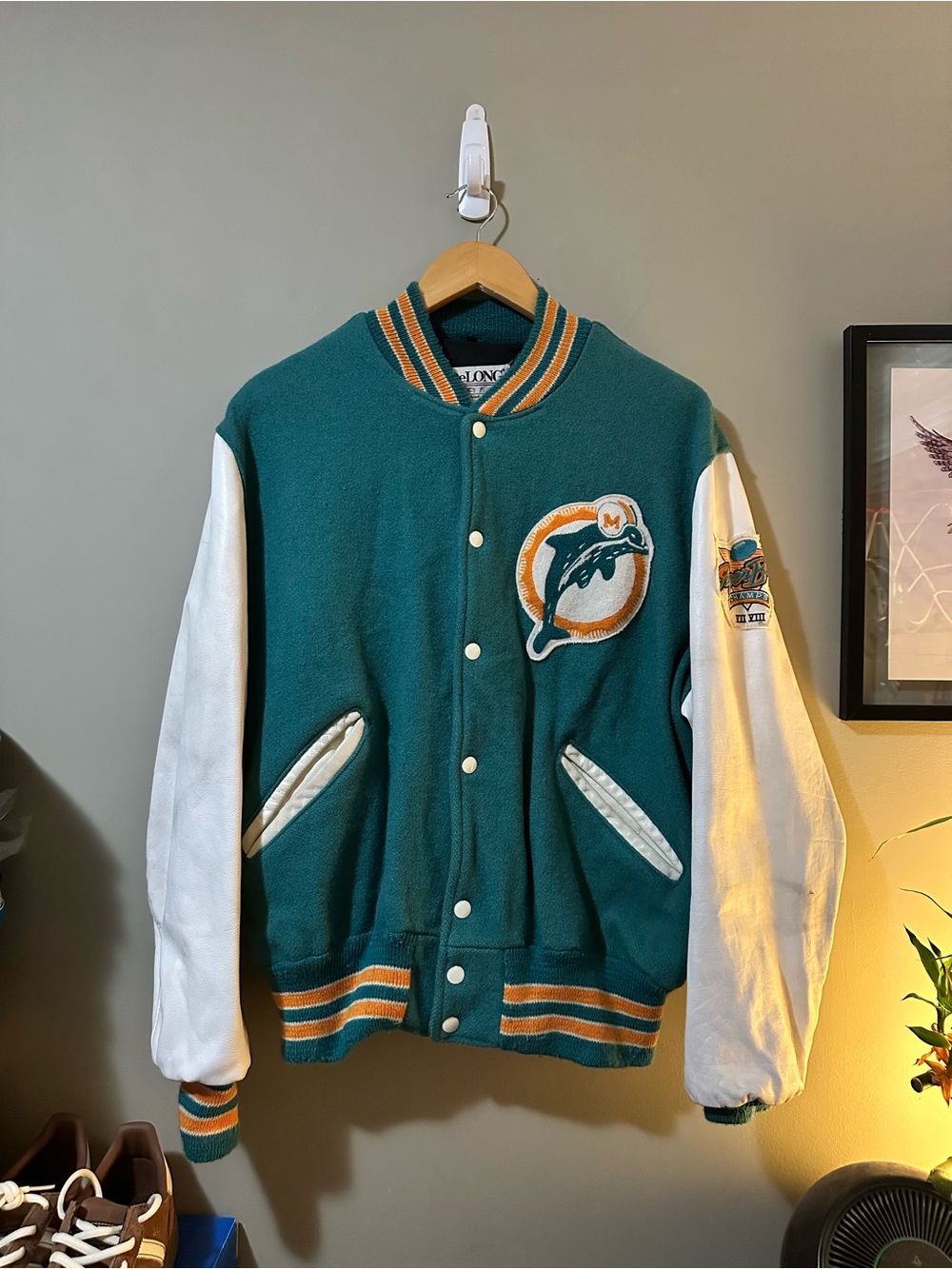 Vintage Men’s Dolphine Football Teal and White Varsity Jacket with Team Patch
